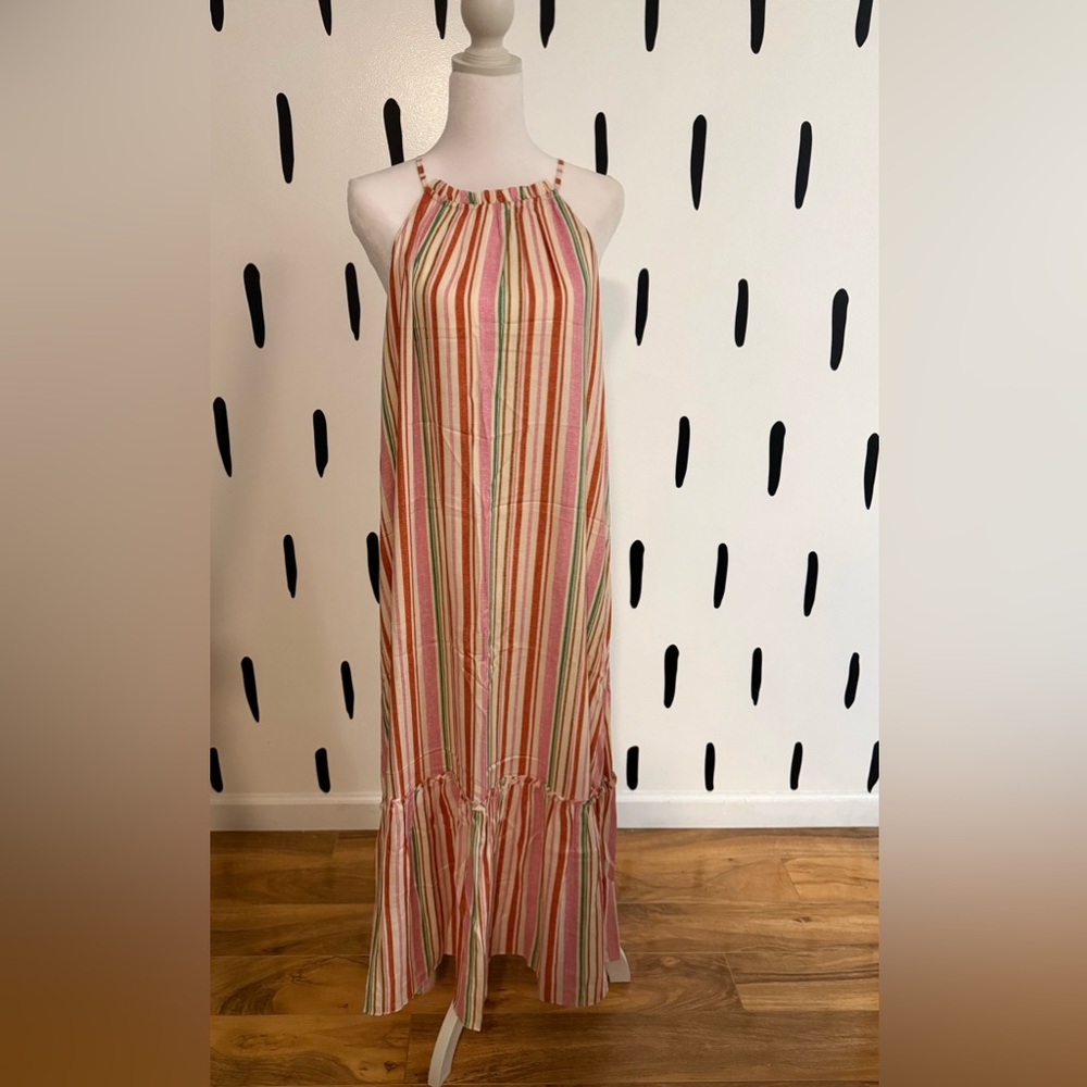 Striped Halter Maxi Dress in Pink, Red and Green